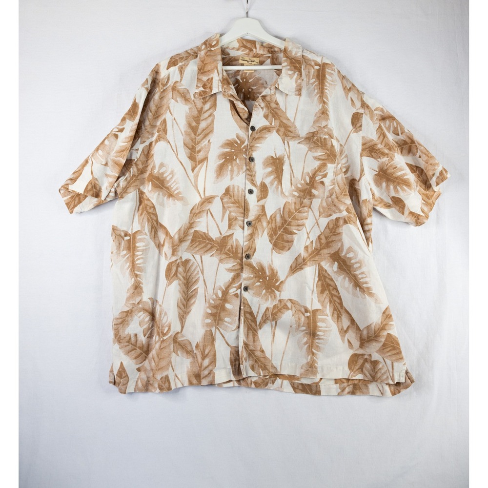 Panama Jack Tropical Leaf Shirt‎ Mens 3XL Tan White Ramie Cotton Blend Beach